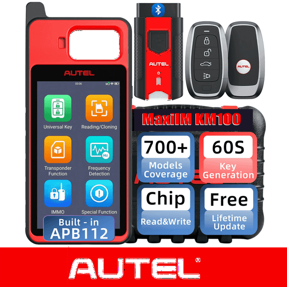 Autel MaxiIM KM100 Key Fob Programmer Immobilizer Tool with 2pcs Blank IKEY 60s Key Generation OBD IMMO/Key Learning Transponder Editing Chip Read/Write/Clone Frequency Detection Lite IM508 IM608 PRO