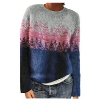 ZQUUVOU Women's Fall And Winter Sweater Printed Round Neck Loose Fashion Knit Pullover Blue