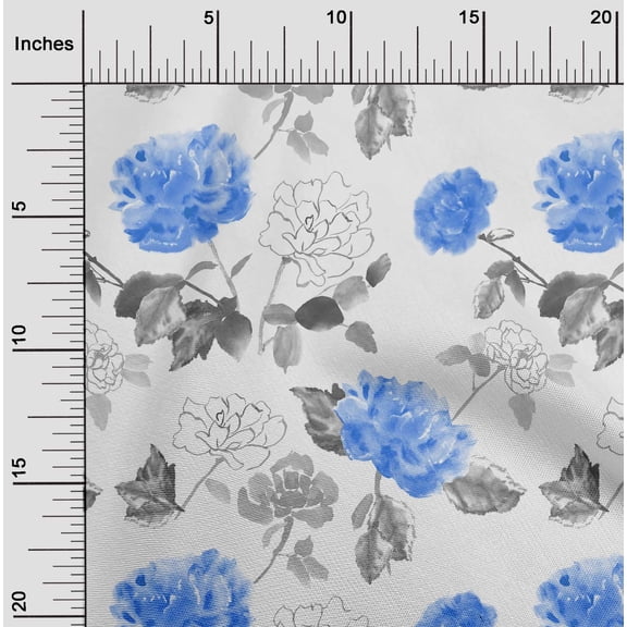 oneOone Viscose Chiffon Medium Blue Fabric Flower & Leaves Watercolor Sewing Fabric By The Yard Printed Diy Clothing Sewing Supplies 42 Inch Wide