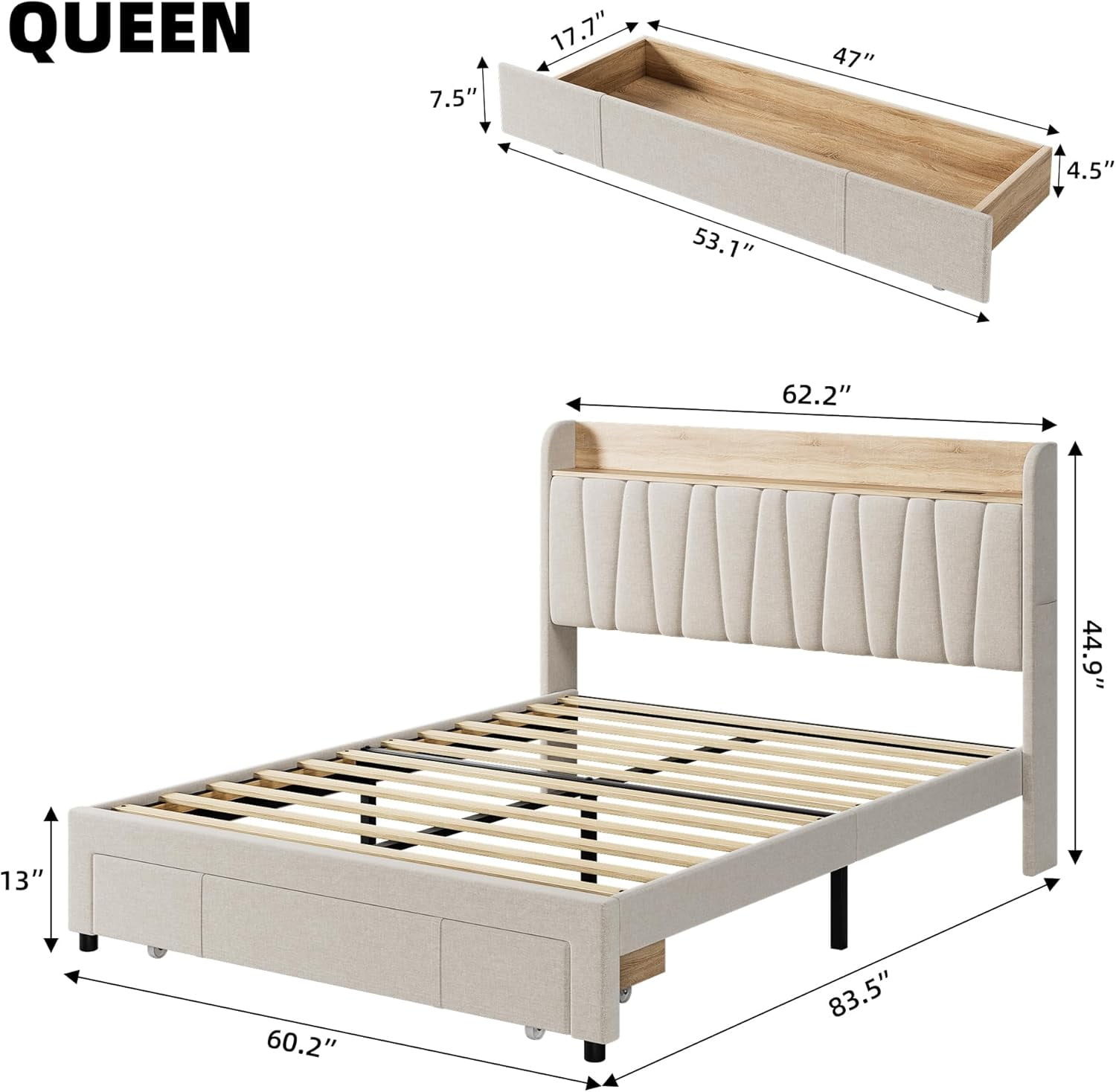 Full/Queen/King Size Bed Frame with Drawer, Upholstered Platform Bed Frame with Storage Headboard and Charging Station, Mattress Foundation with Solid Wooden Slats Support, No Box Spring Needed