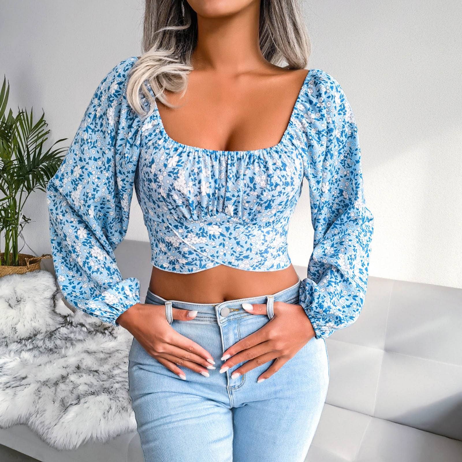 Outfmvch T Shirts for Women Ladies Style Lantern Sleeve Bow Floral