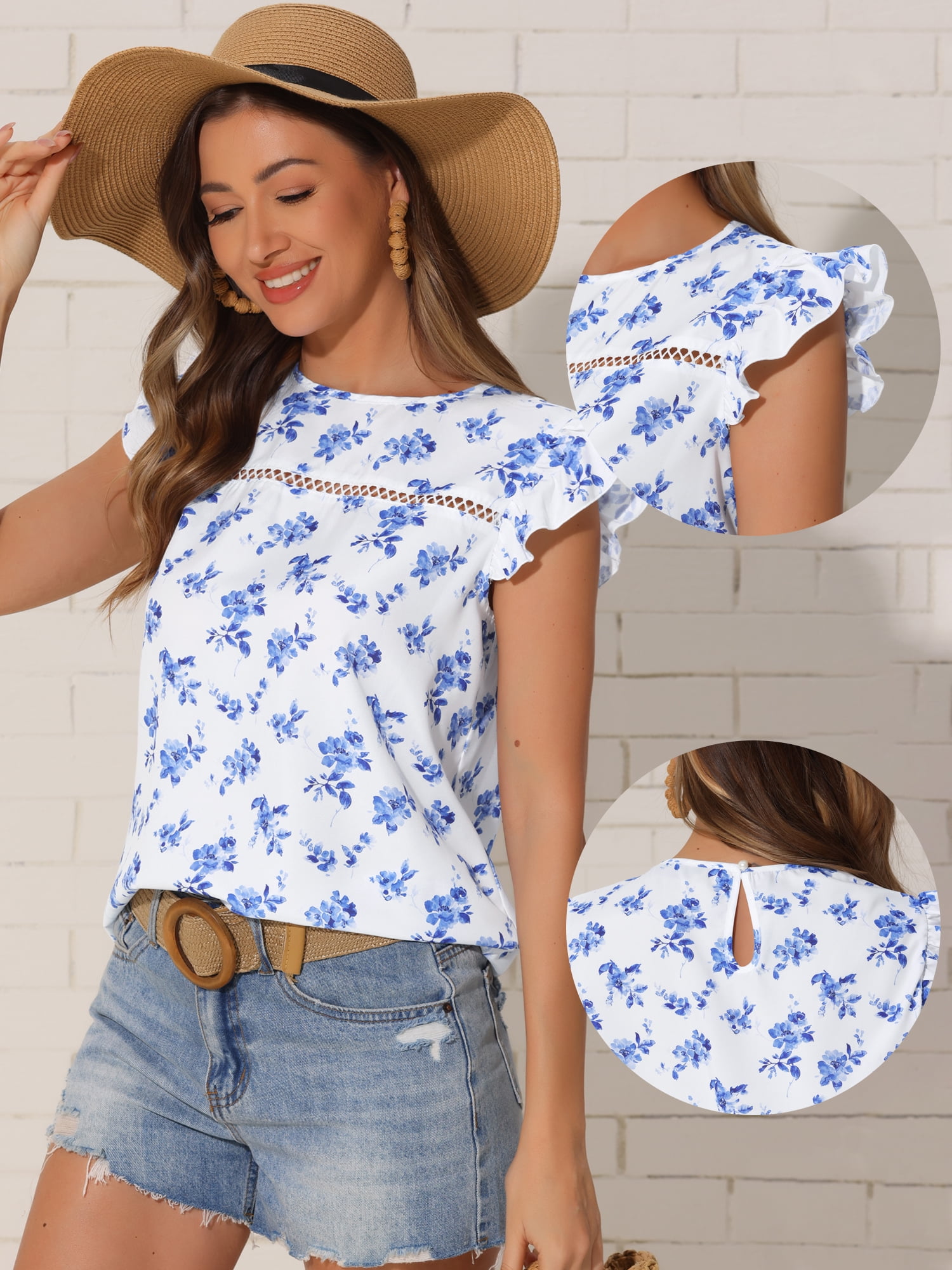 DARING DIVA Women's Round Neck Floral Ruffle Cap Sleeve Tops XS White