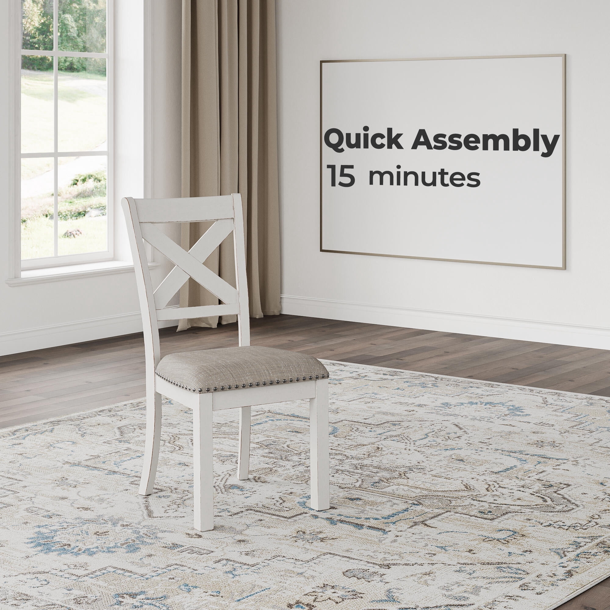 Signature Design by Ashley Robbinsdale Upholstered Dining Side Chair Set (2), Antique White, Farmhouse X-Back Chairs with Nailhead Trim
