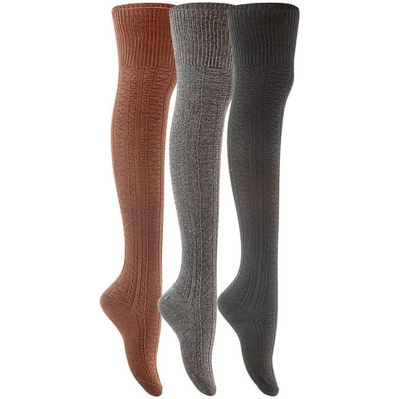 Lian LifeStyle Women's 3 Pairs Fashion Thigh High Cotton Socks JMYP1025-07 Size 6-9(Coffee, Dark Grey, Black)