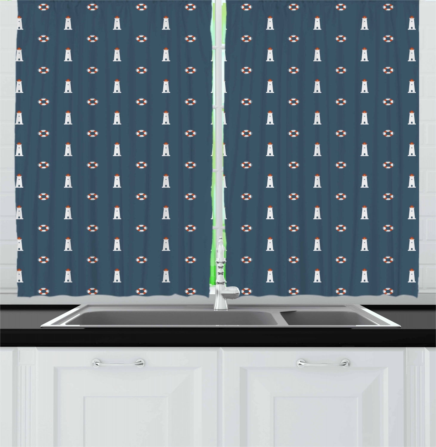 Lighthouse Curtains 2 Panels Set, Nautical Pattern with Life Buoys and Marine Architecture Navigation, Window Drapes for Living Room Bedroom, 55W X 39L Inches, Dark Blue White Red, by Ambesonne