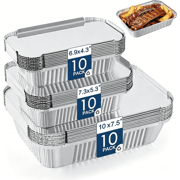 30 Pack Disposable Aluminum Pans With Lids, 10x7.5 And 7.3x5.3 Square 6.9x4.3 Square Combo Set, Disposable Baking and Cake Pan. (30 Pack w/Lids)