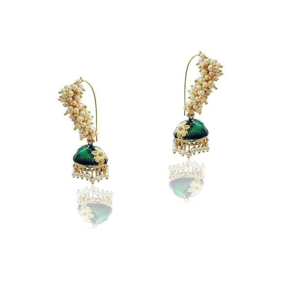 Moonstruck Indian Traditional Golden Meenakari Alloy Jhumkas with White Pearls for Women (Green)