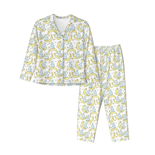 Fotbe Moon And Rabbit Conjunto de Pijama de Manga Larga para Mujer con Estampado, Ropa de Dormir de 2 Piezas, Conjunto de Casa Suave y Cómodo con Bolsillos-Large