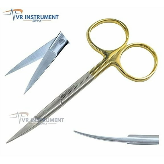 VR Instrument Supply Iris T/C Scissors Curved 4.5 inch Sharp/Sharp with Gold Handle – Tungsten Carbide Blade Inserts German stainless CE