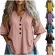 thumbnail image 1 of Tops Henley,Camiseta holgada con cuello en V para mujer, blusa informal de manga larga, mezcla de algodón y lino, largo regular para uso diario, sopatenor, 1 of 8