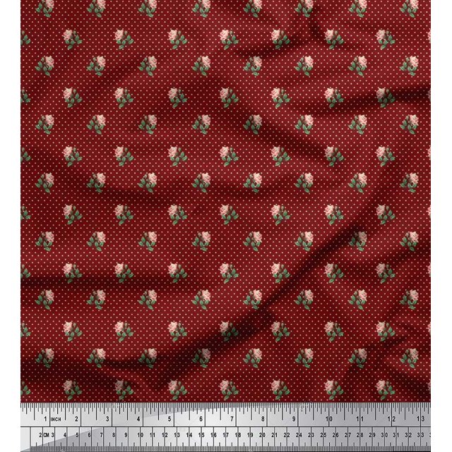 Tissu Popeline de Coton Pomme Point, Feuilles & Rose Imprimé Floral par Yard 56 Pouces de Large
