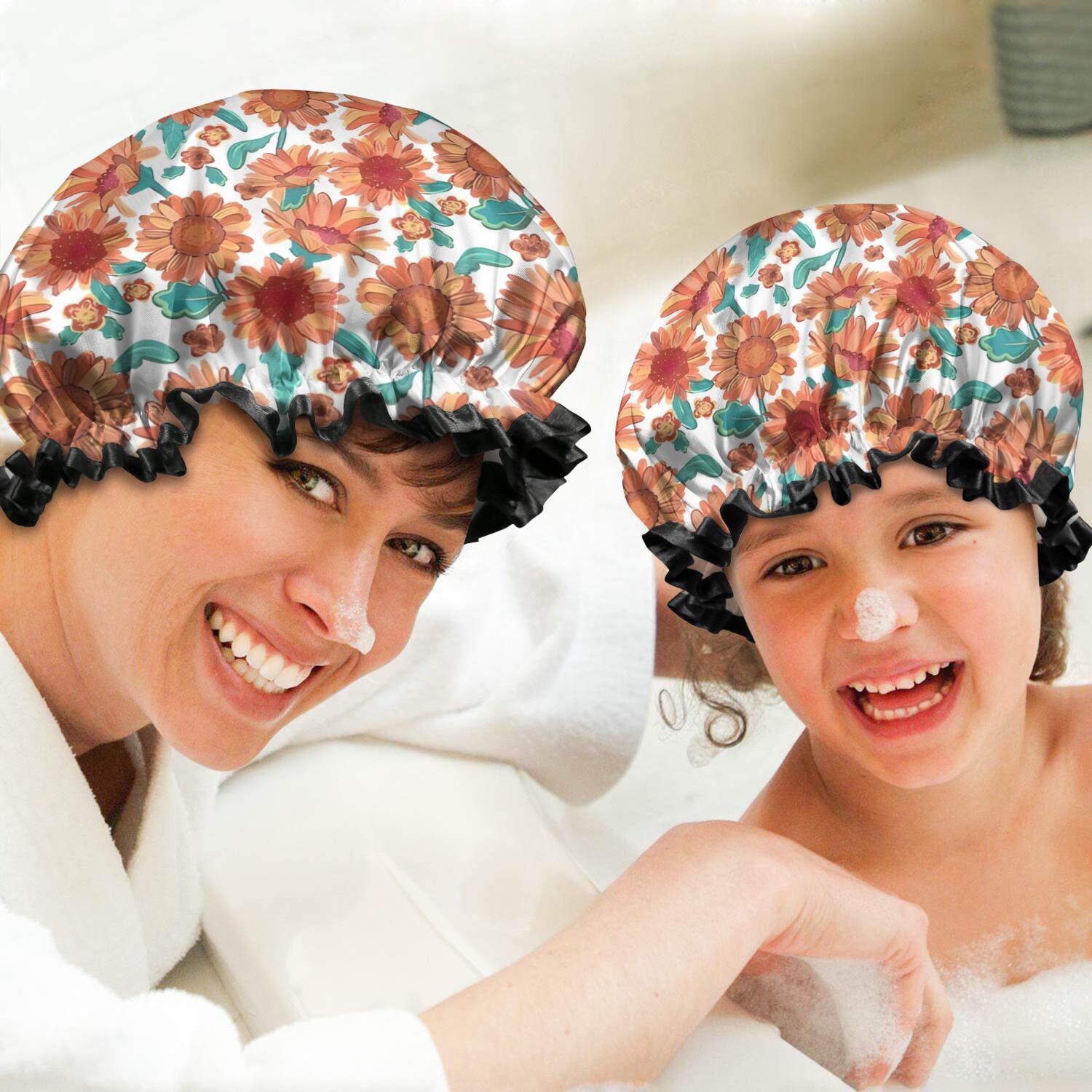 Shower Caps,White Orange Sunflower Green Leaf Pattern Waterproof Shower Cap for Women 4 Pieces,Double Reusable Hair Cover for Shower PEVA Elastic Stretch Hem