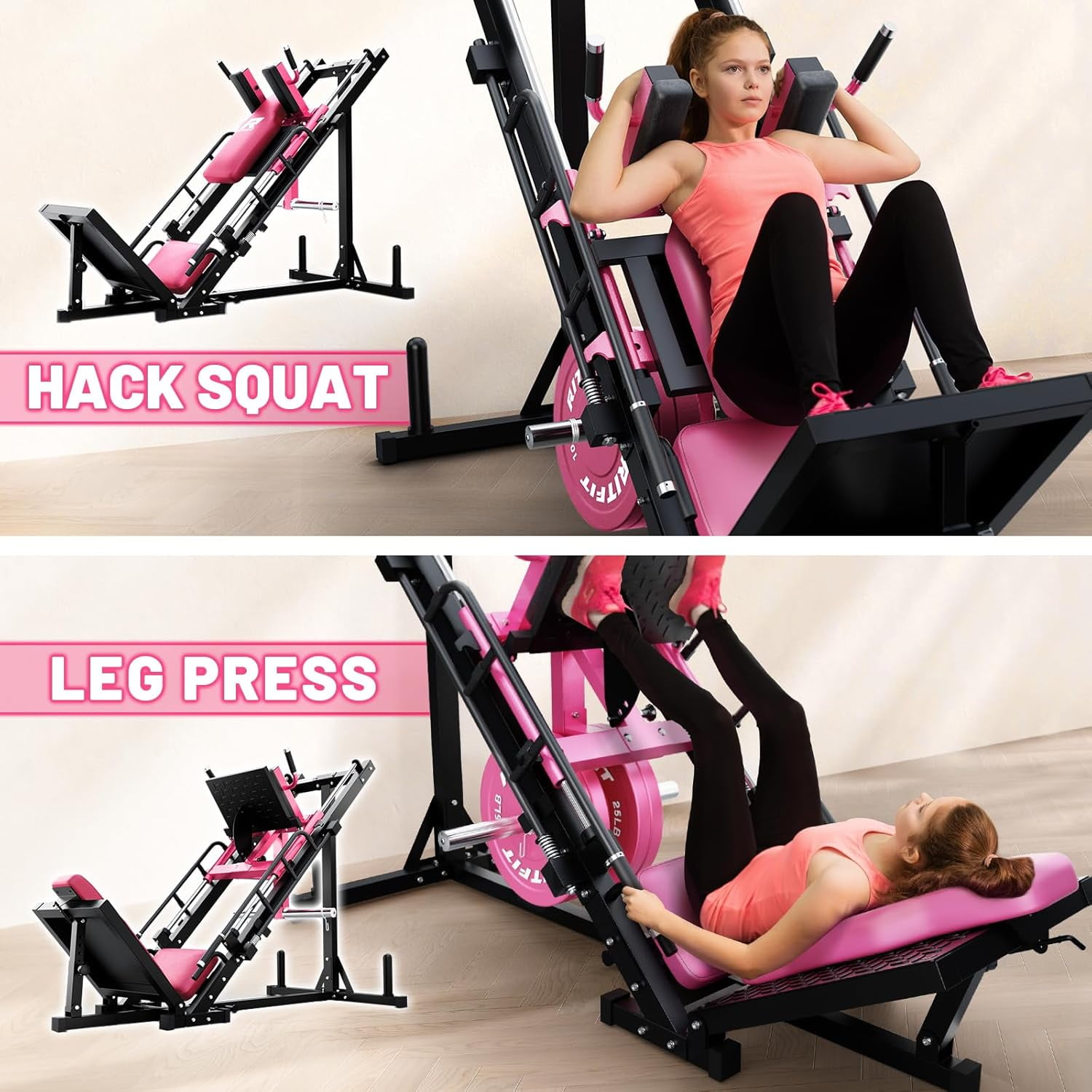 RitFit Leg Press Hack Squat Machine, Professional Adjustable Leg Press Machine for Home Gym with Linear Bearing, Specialty Hack Squat Machine for Full Lower Body Workout with Weight Storage, Pink