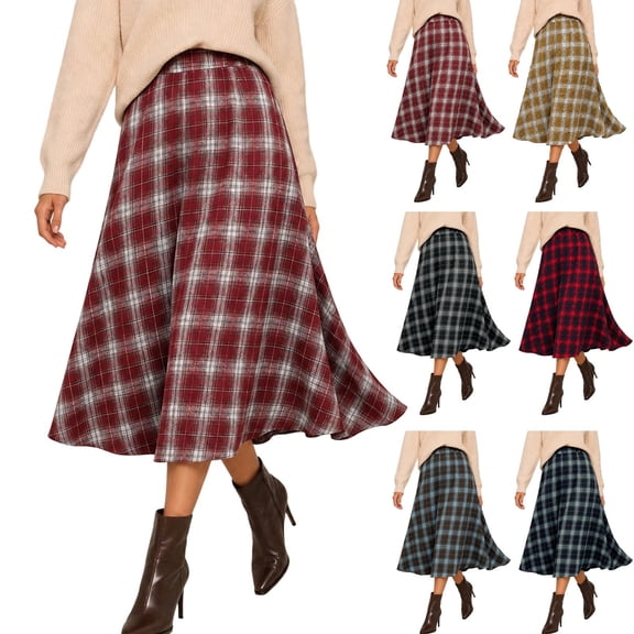 Lutiedan Plaid Midi Skirts for Women Vintage High Waist A-Line Skirts Casual Trendy Fall Winter Skirts S-XXL,Wine