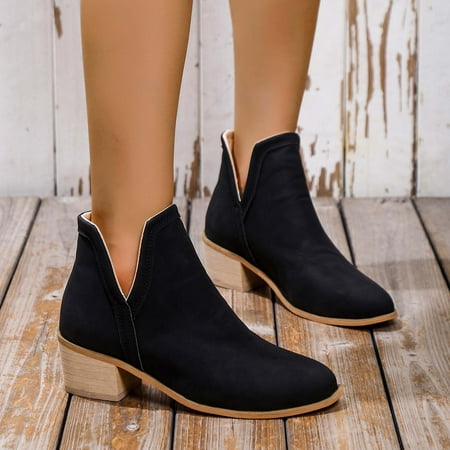 

TIANEK Retro Short Chunky Heel Middle Heel Pointed Toe Black Boots for Women Mid Calf Clearance