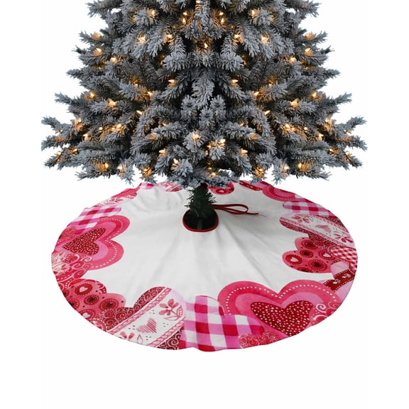 Pink Red Love Valentines Day Christmas Tree Skirt 48 Inches Large Christmas Skirt Tree, Watercolor Pink Plaid Tree Skirt Christmas Decorations for Fireplace Party Holidays Indoor Outdoor