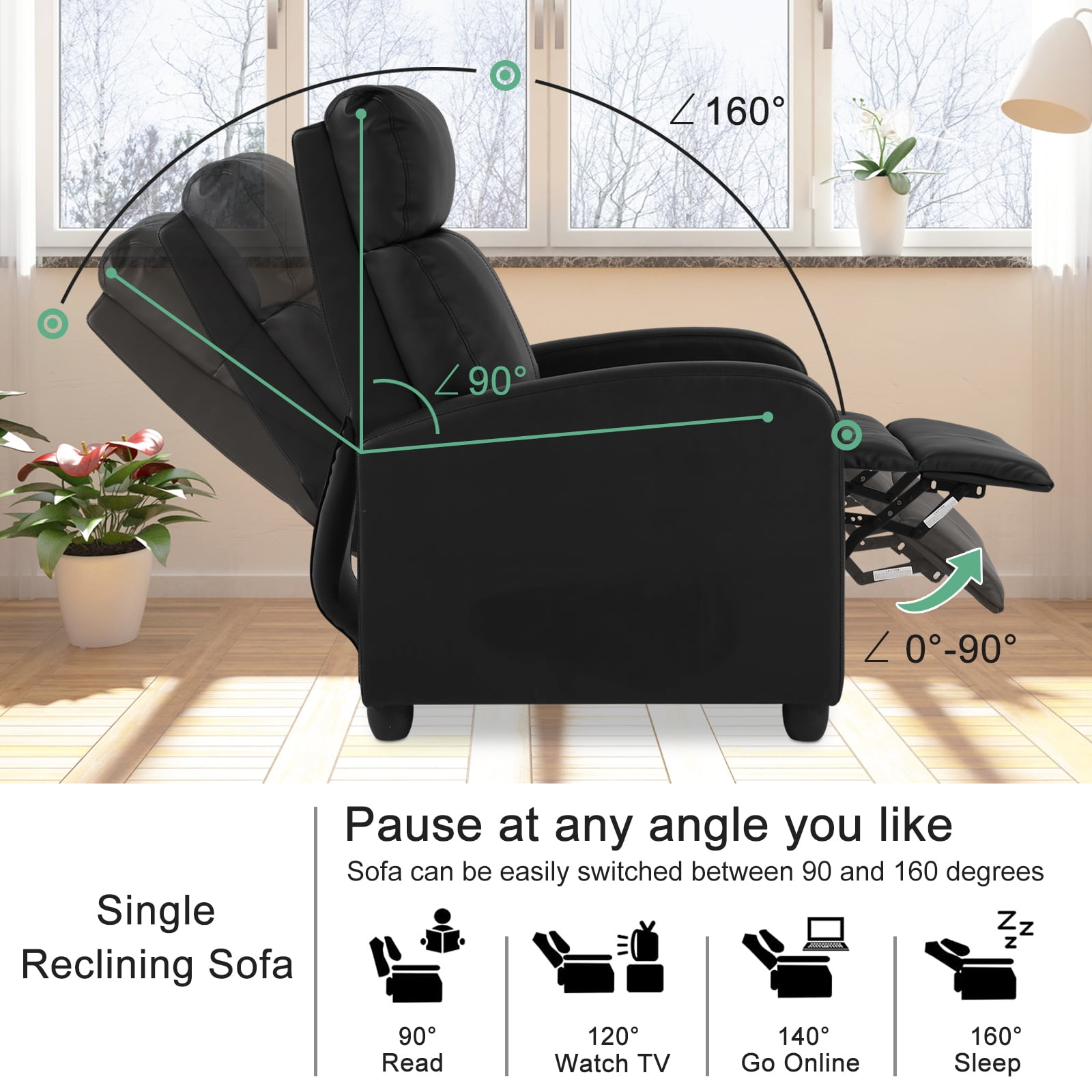 Recliner Chair Ergonomic PU Leather Reclining Chairs Adjustable Single Sofa with Padded Seat& Footrest, Modern Home Theater Seating for Living Room, Black