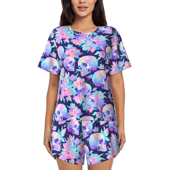 Logiee pinkk flower crystal Skull Print Womens Pajamas Set,Short-Sleeve Pajama 2 Piece Sleepwear with Pockets-Small