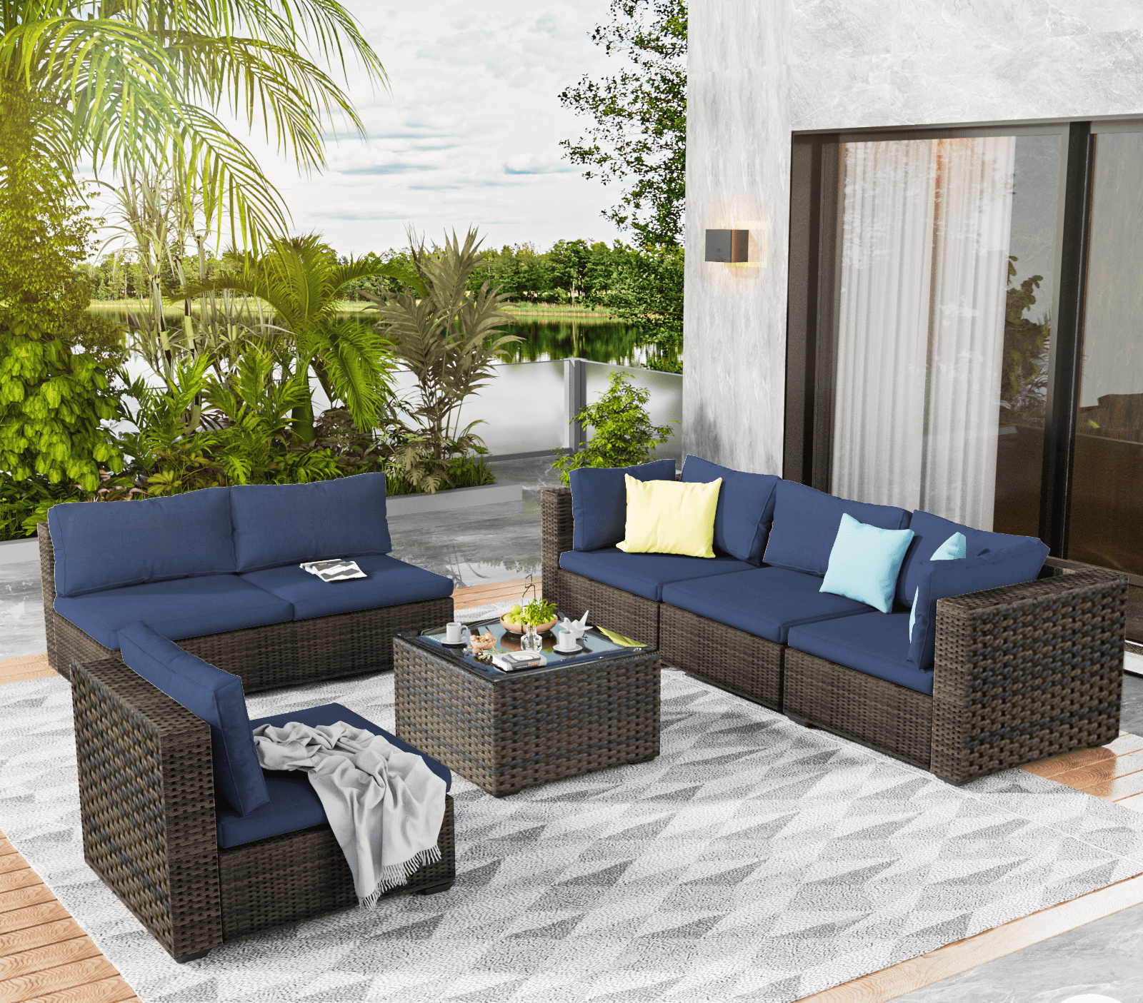 Grezone 7 Patio Outdoor Furniture Wicker Sectional Sofa Couch Lawn Sectional, Blue