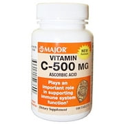 Major Vitamin-C Ascorbic Acid Dietary Supplement Tablets, White, 500 mg, 100 Count