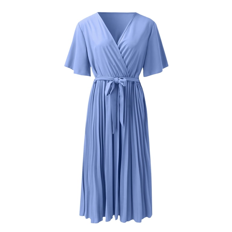 PEASKJP Summer Dresses for Women 2023 Flutter Sleeves Pleated V Neck Belted  Wrap Dress Flare Dress Light Blue S - Walmart.com