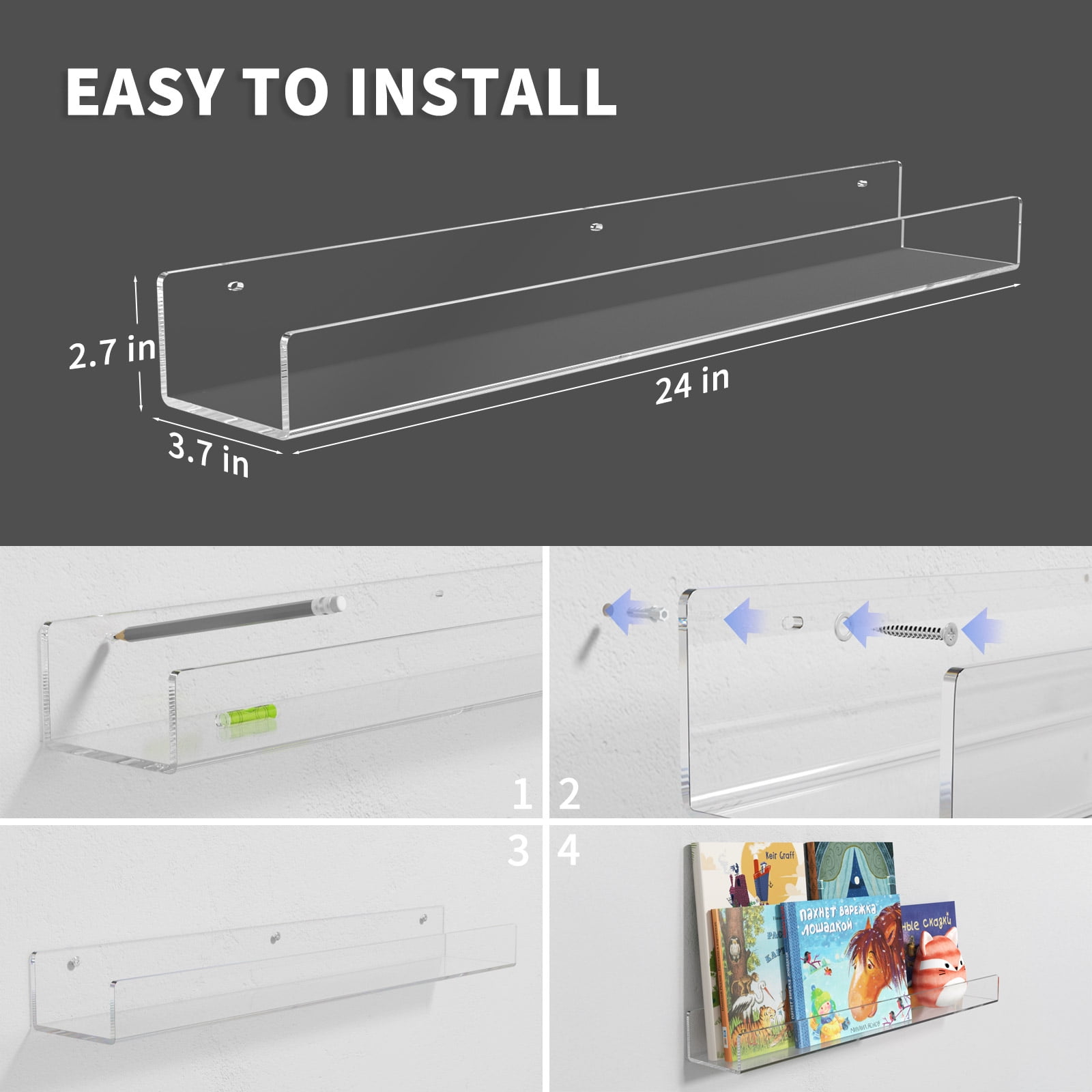 NIUBEE 24 Inch Acrylic Shelves for Wall, Kids Sturdy Clear Floating Shelves, Wall Bookshelf Perfume Rack for Bathroom, Living Room, Bedroom, Kitchen, 2Pcs