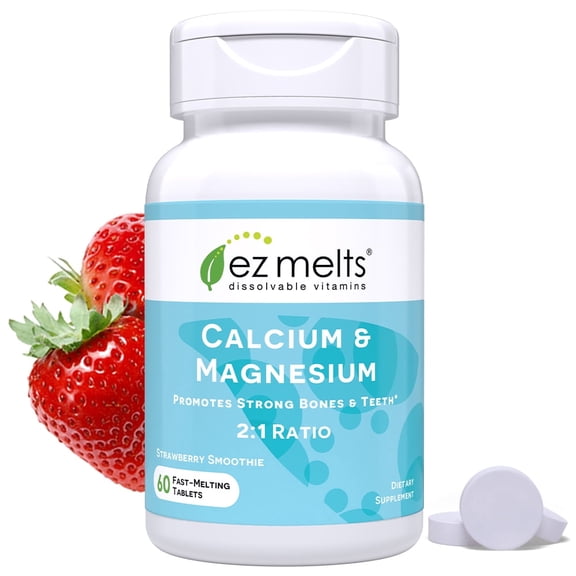 EZ Melts Calcium & Magnesium - Daily Supplement for Heart, Bone, Immune & Brain Health - With Vitamin D3 - Non-GMO & Vegan - Strawberry Smoothie - 60 Dissolvable Tablets (30 Servings)