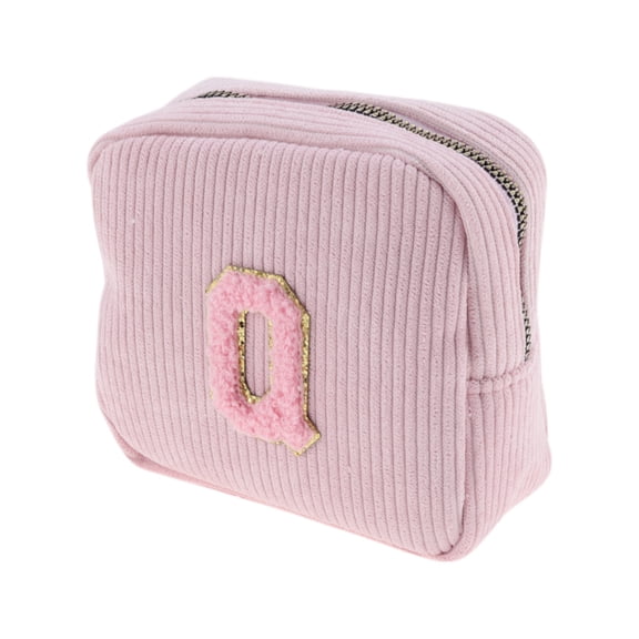Unique Bargains 1 Pc Letter Q Pattern Makeup Bag for Travel Pink Corduroy