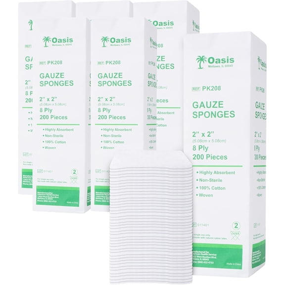 Oasis Gauze Sponges, 100% Cotton, Woven Non-Sterile Gauze, 1200 Pc (6 Packs of 200) (2"x2", 8-Ply)