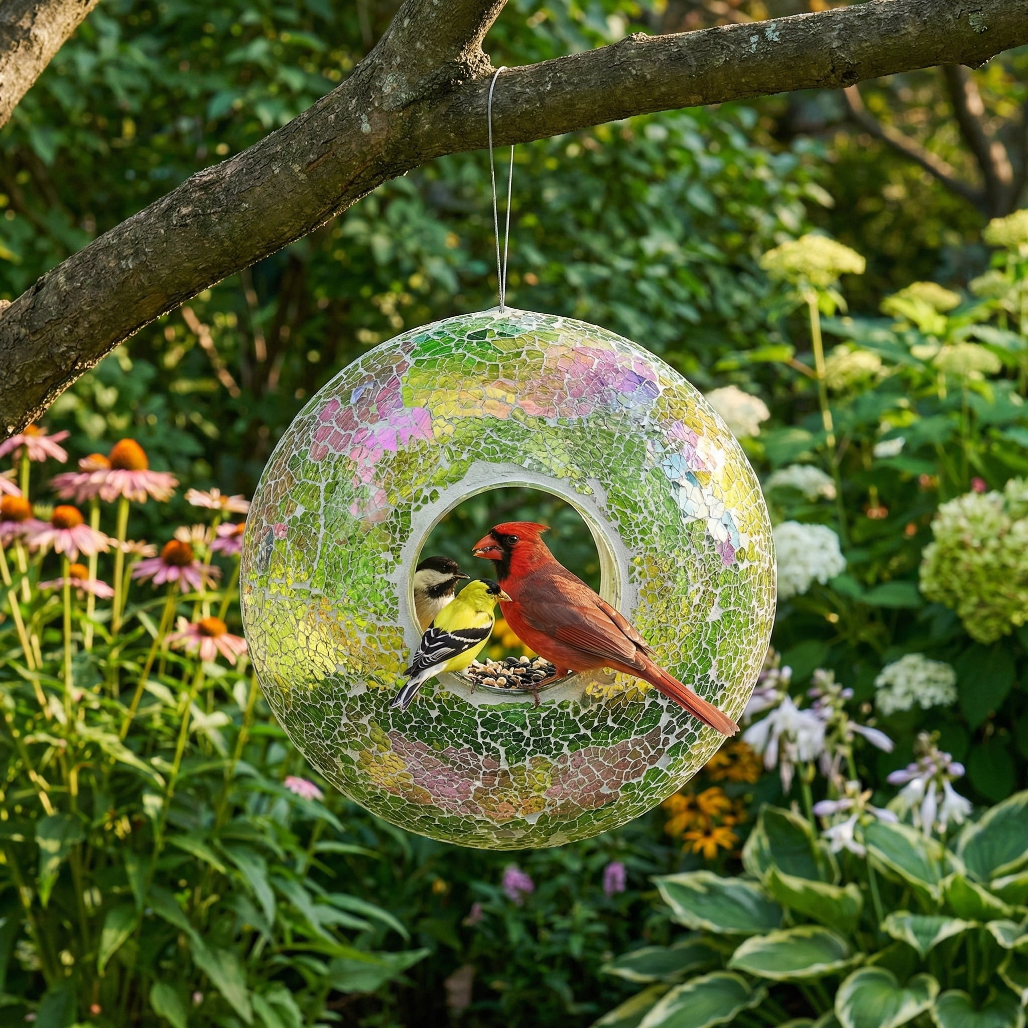 Topadorn Iridescent Mosaic Glass Hanging Bird Feeder, 9 Inch Fly-Through Design for Cardinals, Finches & Wild Birds, Green & Pink Tones, Garden Yard Decoration