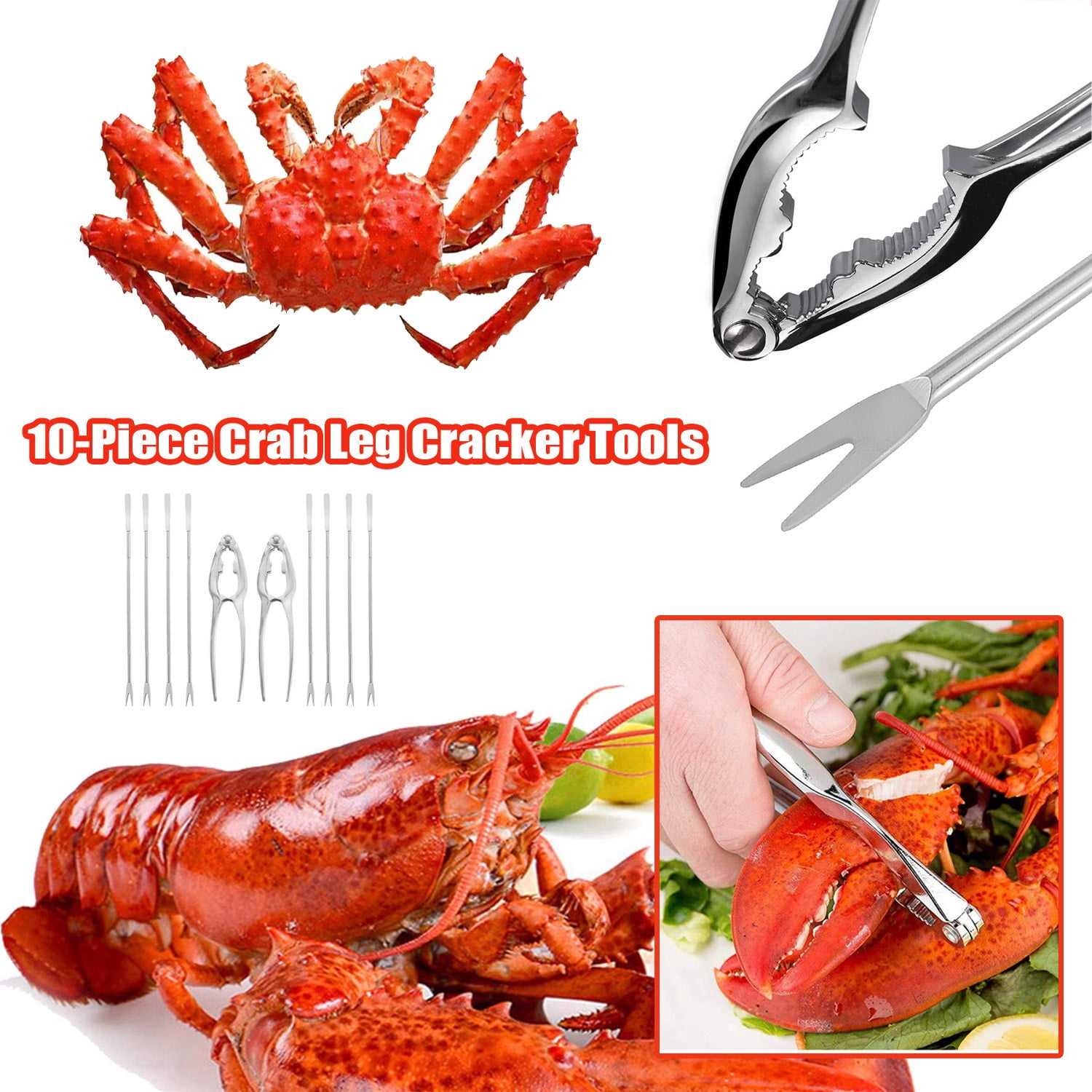 10PCS Crab Nut Crackers and Forks Stainless Steel Seafood Shellfish Tools Kit