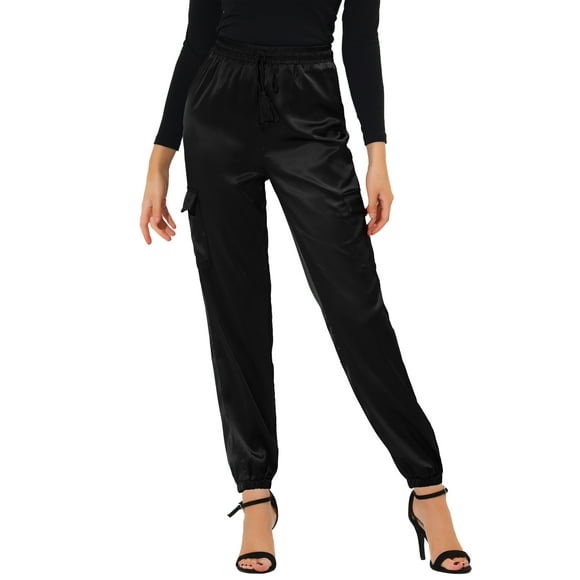 Unique Bargains Women's High Rise Silky Satin Cargo Pants, Black, XL