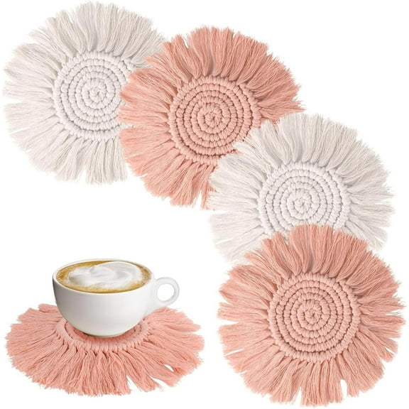 LIOUCBD 4 Packs Coasters for Drinks Absorbent, Boho Macrame Handmade Cotton Coasters for Coffee Table, Heat-Resistant Farmhouse Drink Coaster with Tassels for Desk Kitchen Decor Home Office Bar Table