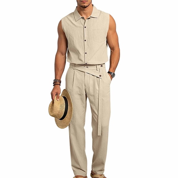 Ceisia Men Lapel Sleeveless Button Down Shirt and Belted Straight Leg Pants 2 Piece Linen Outfit Khaki XL Gift
