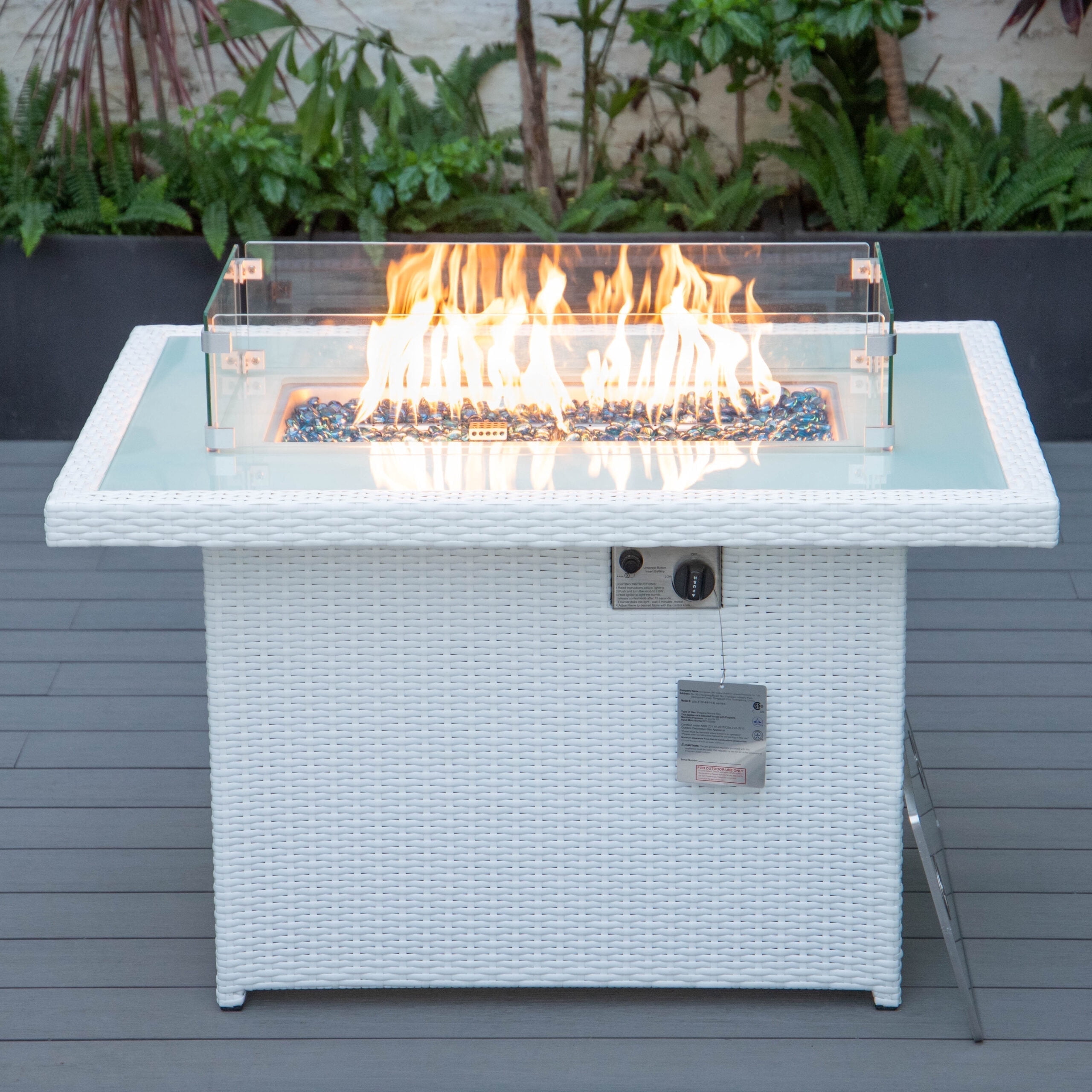 LeisureMod Wicker 55,000 BTU Fire Pit Table with Removable Lid and Tempered Glass Shield Propane Tank Storage for Modern Home, Patio, Backyard Garden Mace Collection in White