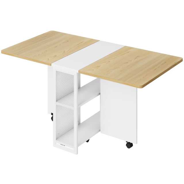 Folding Dining Table with Drop Leaf and 2 Storage Shelf, Collapsible Kitchen Dinner Table Extendable Office Desk