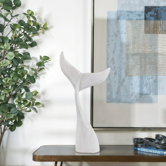 Large Wooden Whale Tail Decorative Decor - Ocean Inspired Sculpture Home, Bathroom, and Office Decor - Costal Statue Ornaments Accent for Living Room, Shelf and Coffee Table Decor - 32", White