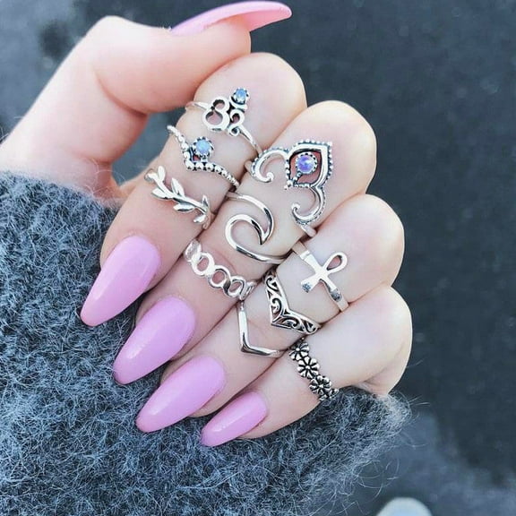 Womens Vintage Ring Set Gemstone Inlaid Rings Hollow Carved Knuckle Rings Alloy Electroplated Geometric Ring Set European American Fashion Jewelry