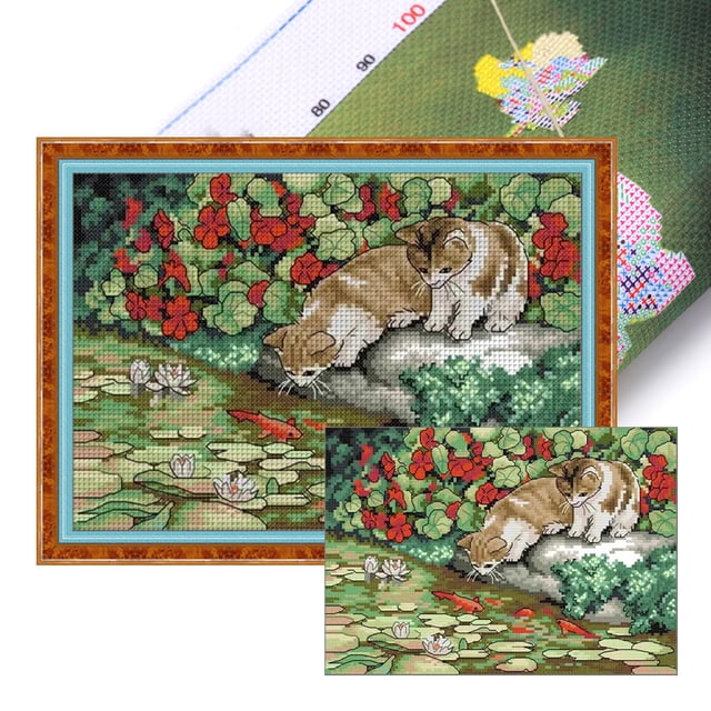 Hilo de Algodón Ecológico JShteea Bordado 14CT 2 Hebras Kit Punto Cruz Gato y Pez 30*21cm