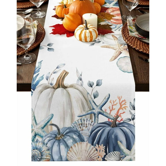 Fall Table Runner Thanksgiving Autumn Pumpkin Table Runners Starfish Shell Coral Cotton Linen Dresser Scarf Kitchen Dining Table Decor for Fall Holiday Party Decor 13x90 Inch