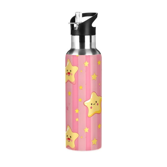 ALAZA Cute Stars on Pink Stripe Water Bottle Insulated Flask Stainless Steel Straw Lid 20 oz