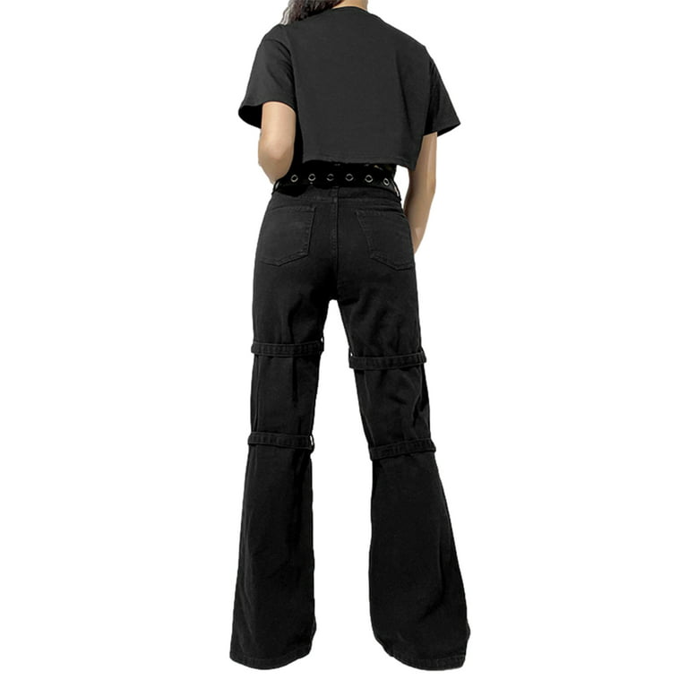 Gothic Black Unisex Bell Bottoms Hip Hop Cargo Pants for Men Women  Steampunk Punk Chain Pants Motorcycle Trousers