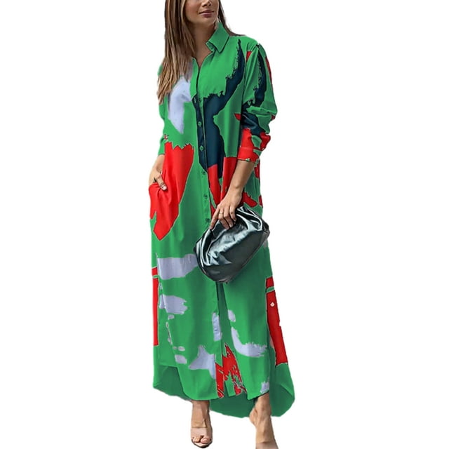 Pudcoco Robe Longue Femme Mode Imprimé Col Rabattu Boutonnée Manches Longues Automne Décontractée Chemises Amples