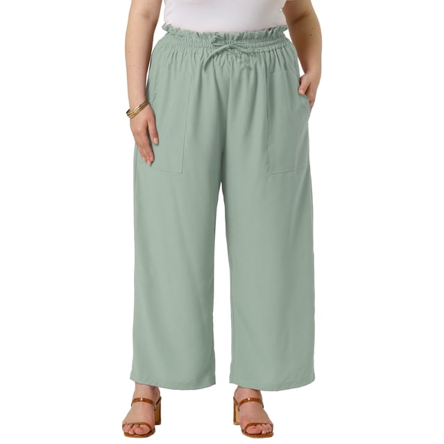 Pantalones Palazzo de Talla Grande para Mujer Agnes Orinda con Pliegues, Cintura Elástica y Cordón, Pantalones Anchos Casual con Bolsillos 2X Verde Claro