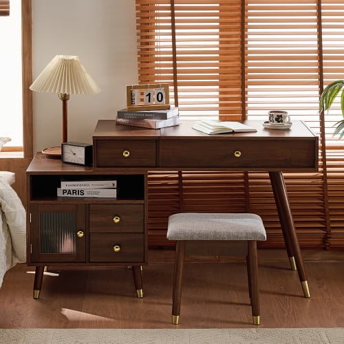 3-in-1 Vanity Desk with Lighted Flip-Top Mirror & Adjustable Cabinet, Makeup Dressing Table with Stool, Dresser with Drawers for Bedroom, Walnut