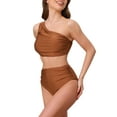 thumbnail image 4 of INSPIRAR CHIC Conjuntos de Bikini Elegantes de Una Sola Manga para Mujeres, 2 Piezas, Top con Push Up y Parte Inferior de Control de Abdomen, Trajes de Baño, Pequeño, Marrón, 4 of 5