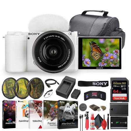 Sony ZV-E10 Mirrorless Camera Kit (White) With 16-50mm II Power Zoom Lens | 4K Video | Real-Time Autofocus | Portable Creator Camera + 64GB Card + Photo Software + Bag + NPF-W50 Battery + More