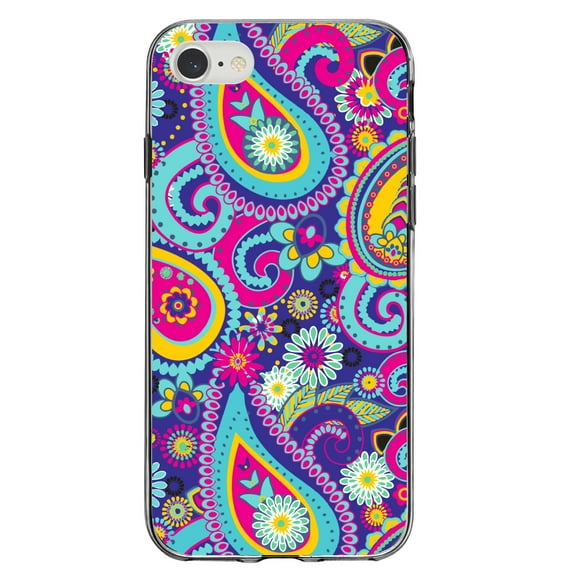 DistinctInk Clear Shockproof Hybrid Case for iPhone 7 8 SE (2020 Model) 4.7" Screen TPU Bumper Acrylic Back Tempered Glass Screen Protector - Hot Blue Yellow Pink Paisley