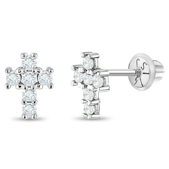 Boucles d'Oreilles à Vis en Or Blanc 14k avec Petite Croix Religieuse en Zircon Cubique pour Filles