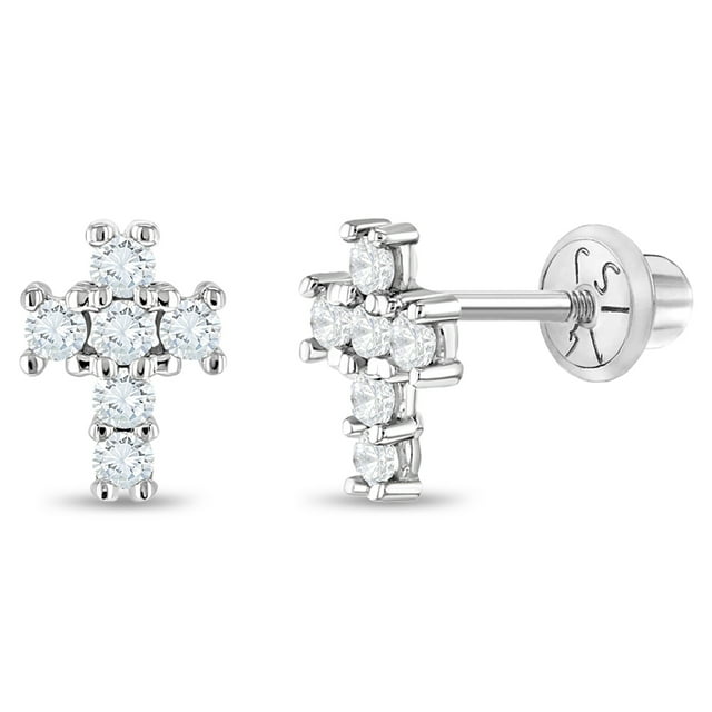 14k White Gold Tiny Cubic Zirconia Religious Cross Screw Back Earrings for Girls. These delicate earrings feature a cross design adorned with six clear cubic zirconia stones, crafted in 14k white gold. The screw-back closure ensures secure wear, ideal for toddlers, little girls, and pre-teens with sensitive skin. Earrings measure 7mm x 5mm with a 10mm threaded post. Suitable for religious events like baptisms or communions. Includes a gift box.